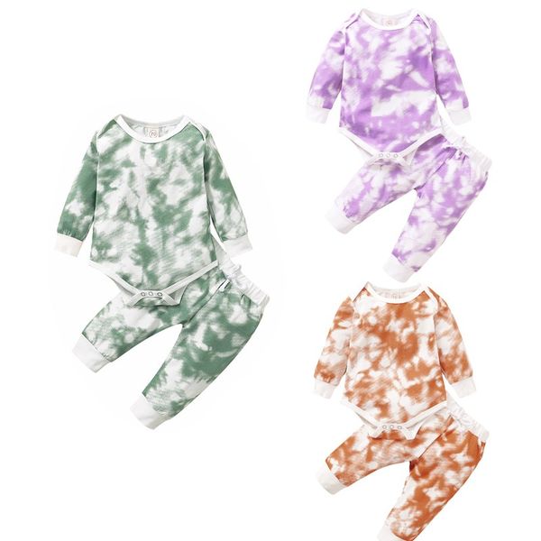 

spring autumn 0-24m 2 pcs newborn tie-dye print outfits infant long sleeve round neck romper and drawstring trousers set, White