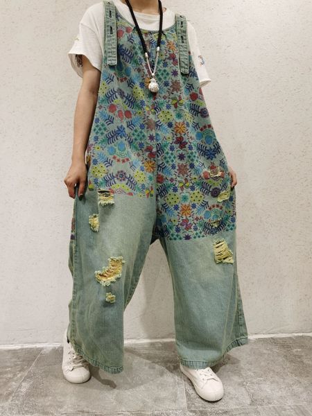 

march new korean printed and sling jeans suspender pants loose large size washed old ripped wide leg jeans, Blue