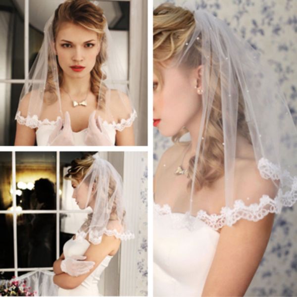 

short length wedding veils 1 tier appliques lace pearls with comb bridal for girls luxury long chapel length beaded, Black