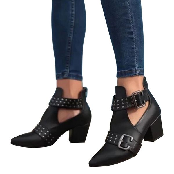 

adisputent women's boots short cutout chunky block stacked heels shoes ankle booties female ladies autumn shoes 2020, Black