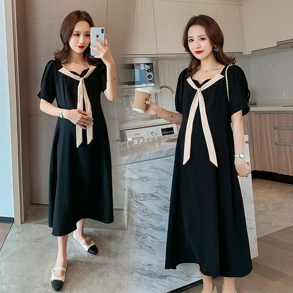 

9818# maternity clothes summer chiffon short sleeve loose stylish bow collar dress for pregnant women mom dress, White