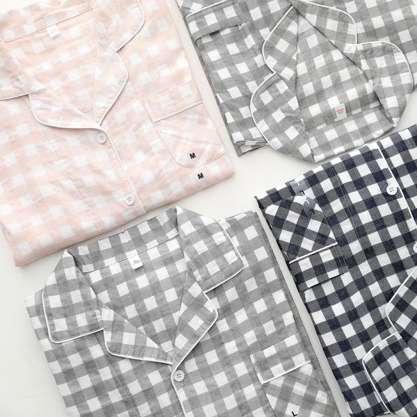 

simple suit men and women couple plaid long home clothes home sleeve pajamas autumn cardigan lapel pajamas, Blue;red