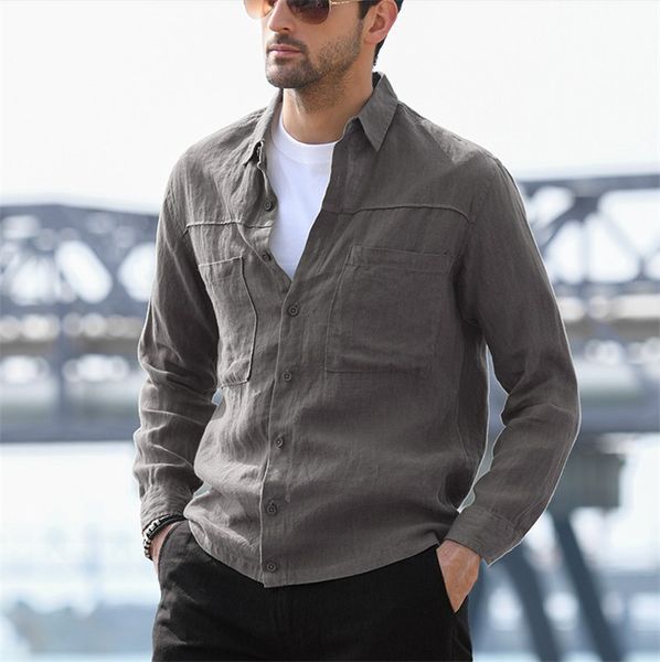

linen solid color mens shirts casual straight lapel neck mens designer shirts long sleeve mens basic autumn spring, White;black