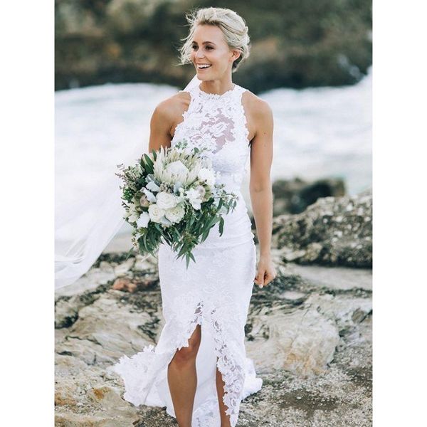 2020 vestidos de noiva praia Frente Thighspit laço branco gola alta traseira aberta Bohemian Vestido de Noiva Receotion Festa de Verão Vestidos Plus Size Boho