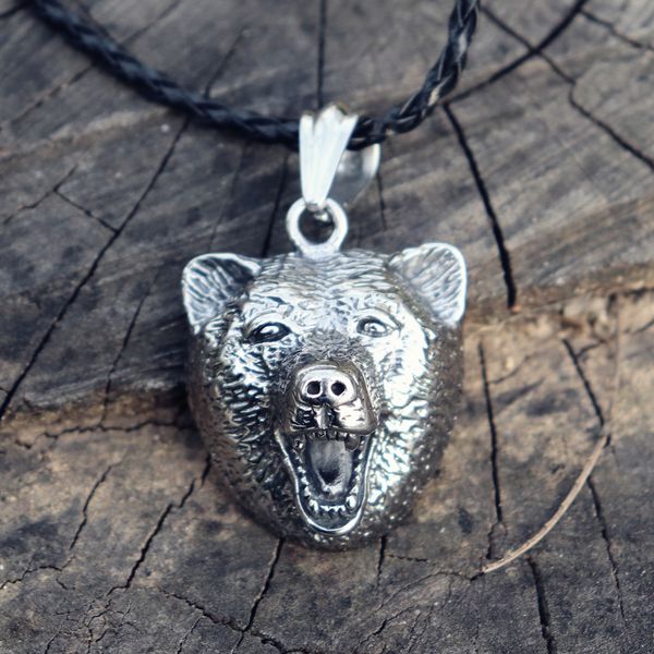

vintage wild viking bear head stainless steel pendant necklace pagan nordic ursus grizzly charm amulet norse slavic jewelry, Silver