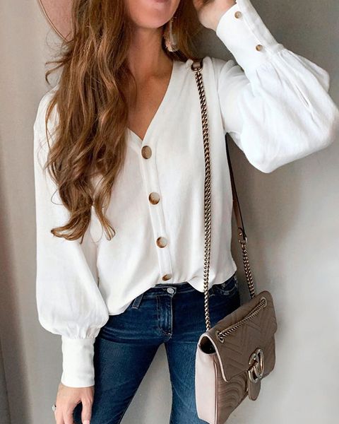 

v neck white chiffon women shirt blusas mujer de moda 2019 autumn casual loose button long sleeve womens and blouses