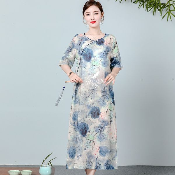 

2020 summer new artistic ink painting danqing large size loose mid-length ramie dress chinese style elegant dress, Black;gray