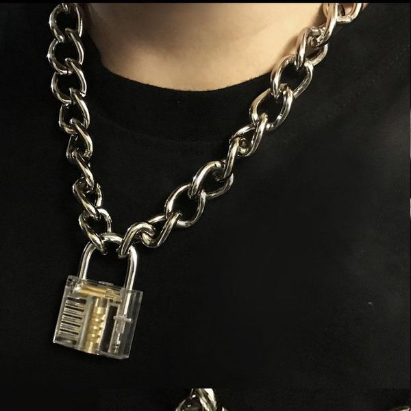 

men women metal chain choker necklace mechanical steampunk transparent clear square lock and key choker collar, Golden;silver
