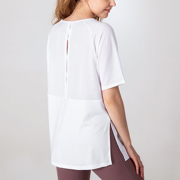 

luobolan new breathable dry quick running workout women loose side opening yoga fitness short-sleeve shirts backless hollow out, White;red