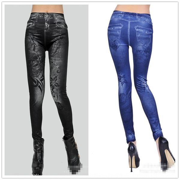 

k238k 8109 seamless imitation denim flower skull printed tattoo 8109 seamless imitation tight pants tight pants denim flower skull printed l, Black