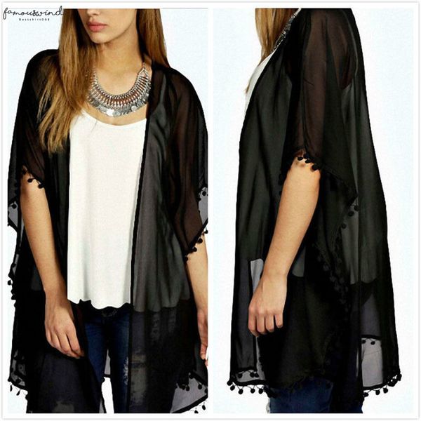

2020 summer women kimono cardigan chiffon tassel blouses shirts long beach cover up shirt black blouse dropshipping, White