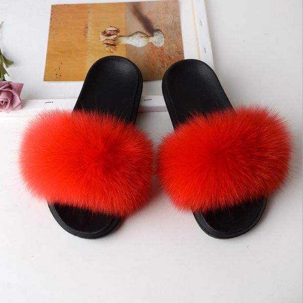

womens fur slides wholesale real fox fur for slippers fox fur slipper female, Black