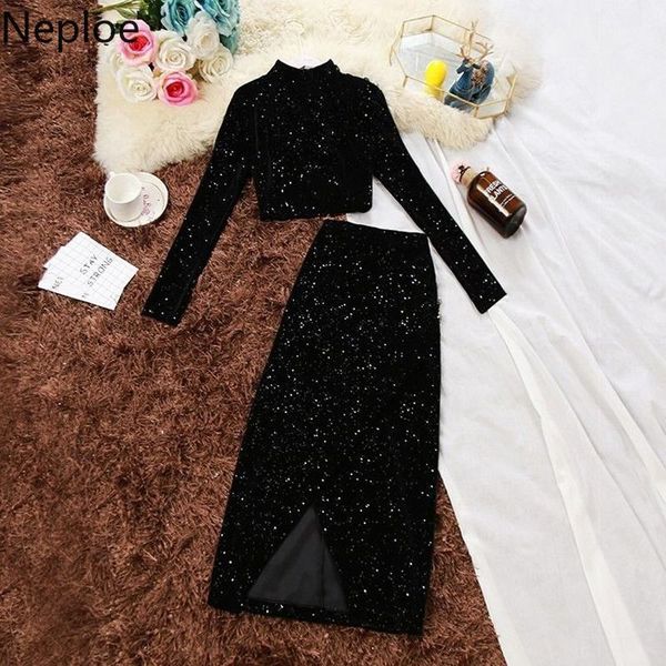 

neploe gold velvet bright silk sets short long sleeve shirt + split mid-calf skirt 2 two piece zipper set women suits 55492, White
