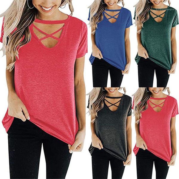 

solid color tees fashion hollow out casual womens designer patchwork tshirts v neck short sleeve, White