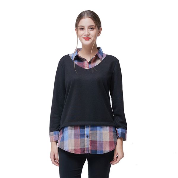 

2020 new autumn and winter shirt female fashion stitching fake two pieces plaid long all-match bottoming women blouse cozy, White