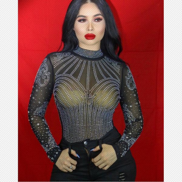 

2019 european and american popular womens mesh drilling pullover long-sleeved turtleneck womens t-shirt, White