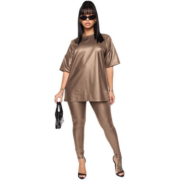 

plus size women two pieces outfits short sleeve t shirt pencil pants leggings pu leather skinny solid color fashion suit cz714, White