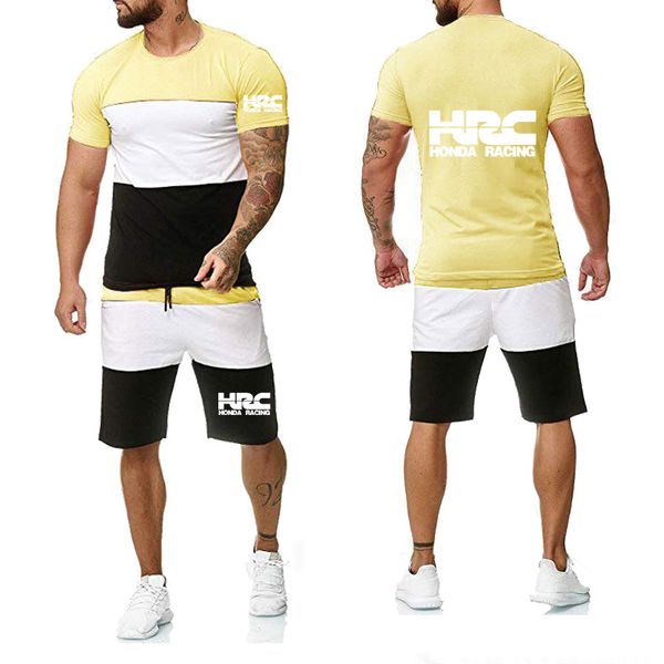 

summer colorblock men's t-shirt hrc race motorcycle printing round neck short sleeve cotton men's t-shirt shorts 2 piece suit