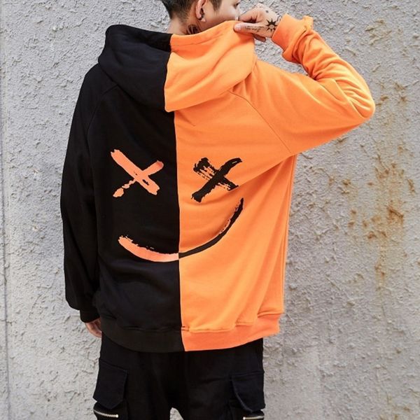 

men oversized hoodies autumn streetwear smile letter print couple male sweatshirts hip hop patchwork pocket hooded women hoodie, Black
