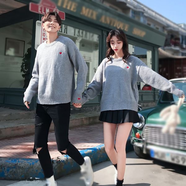 

cute heart shape pattern sweaters casual men woman thick warm pullovers clothes 2020 2 colors knitted couple sweater, White;black