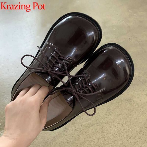 

krazing pot new arrival genuine leather low heels round toe lace up autumn elegant brand british school mature women pumps l11, Black