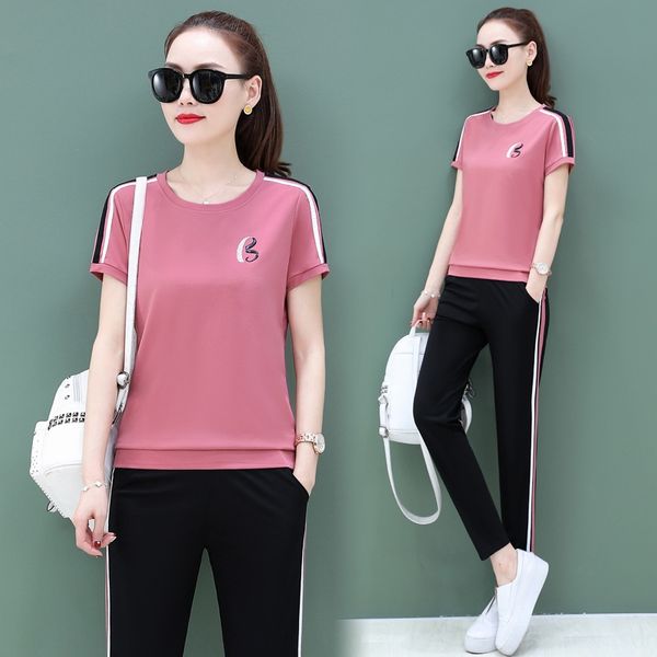 

sports suit women's summer 2020 new korean style western style slimming large t-shirt t-shirt size casual ankle pants two-piece set, Black;red