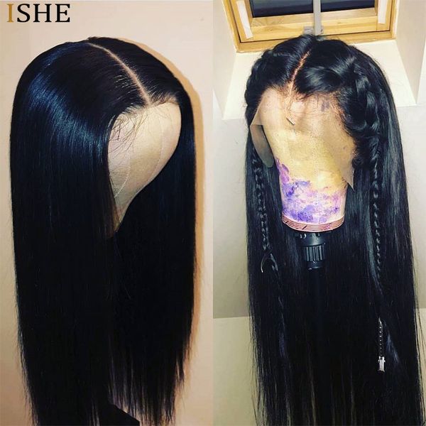 

fake scalp wig 250% density 13x6 lace front invisible knot wig bleached knots pre plucked lace wig brazilian remy hair ishe, Black