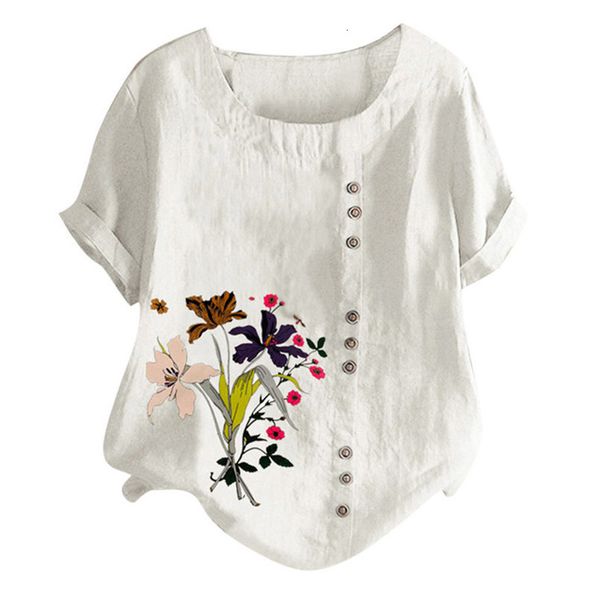 

women casual plus size o neck floral printed loose button tunic shirt blouse short sleeves for female, White