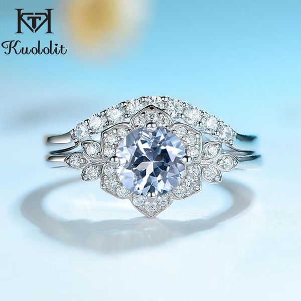 

kuololit 100% natural aquamarine gemstone ring for women solid 925 sterling silver round blue engagement bride gift fine jewelry, Golden;silver