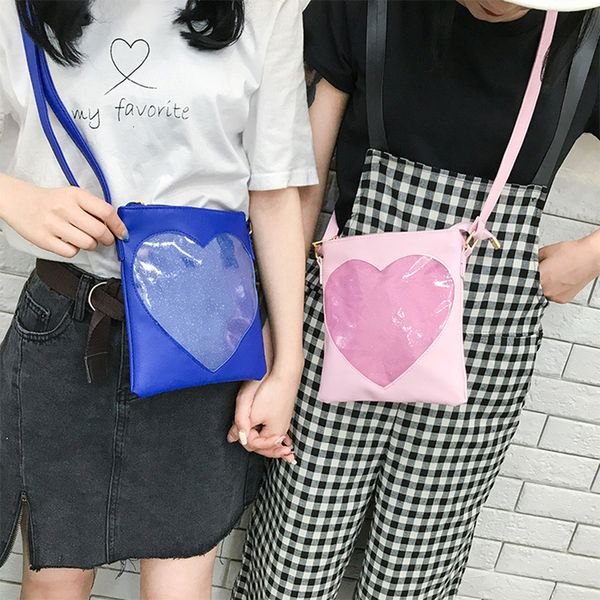 

cute clear transparent heart women messenger bag zipper kawaii teenage girls single shoulder bags pu leather ita bag bolsa