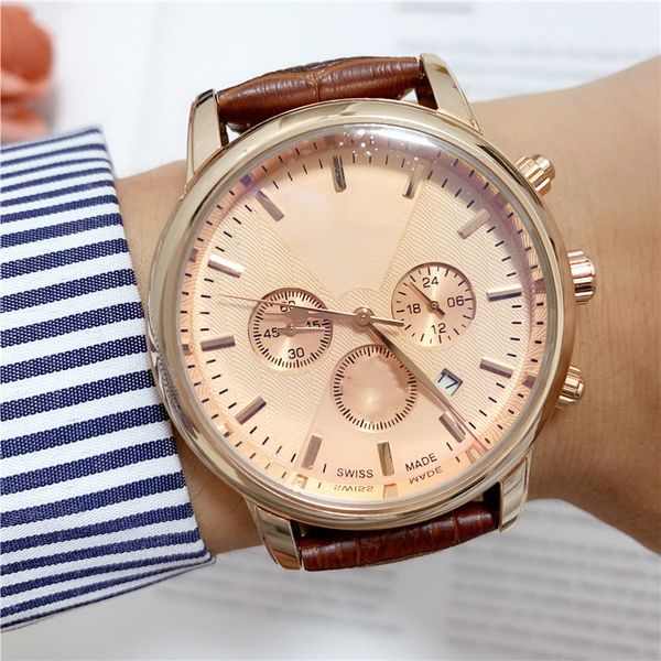 

5-pin calendar running seconds business classic man's wristwatch, Slivery;brown