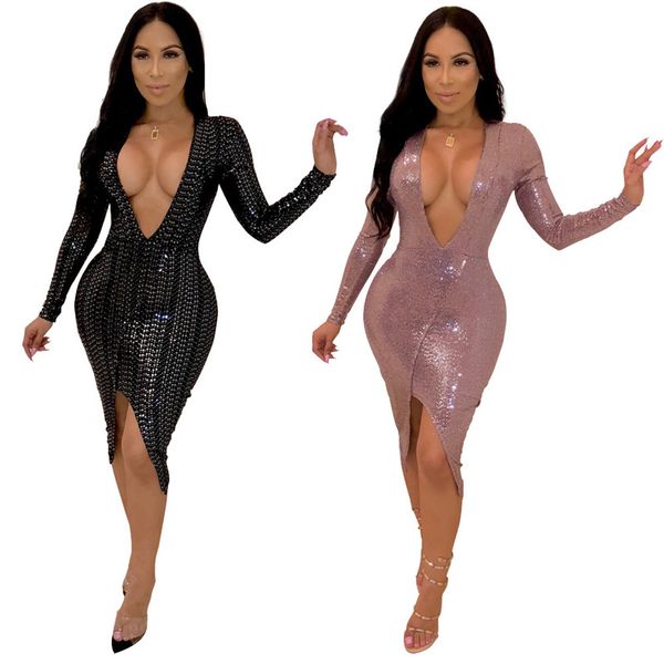

женские платья блестки тощий v шеи длинным рукавом побрякушки конструктора платье повседневный split femme bodycon платье, Black;gray
