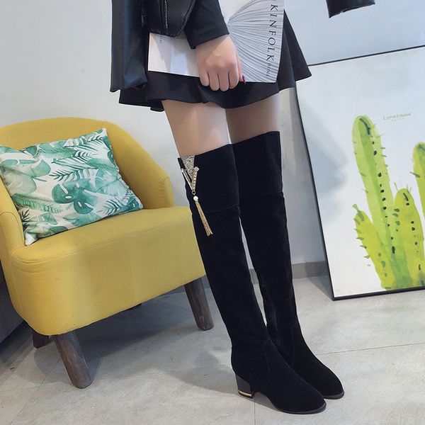 

2020 fashion high heel thigh suede rhinestone thin knee long women's boots, Black