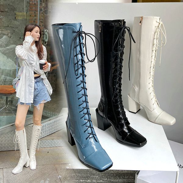 

2020 new genuine leather cross tied high winter boots shallow square toe thick heels shoes wedding casual shoes woman, Black