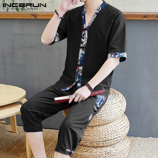 

men's tracksuits incerun chinese style men sets patchwork half sleeve 2021 v neck shirt pants cotton vintage streetwear suits 2 pieces, Gray