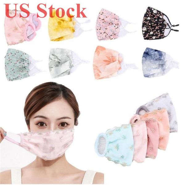 

us stock spring and summer thin ice silk sunscreen mouth mask washable reuse face mask flower designer masks 33 styles