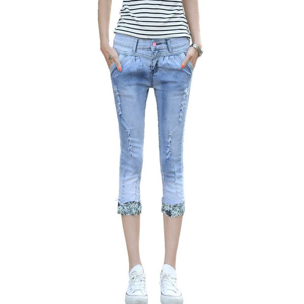 

2020 summer stretch ripped hole capris jeans women calf-length pencil denim pant women's skinny jeans high waist capri, Blue