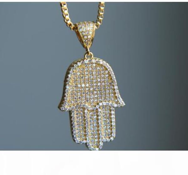 

hip hop bling box chain 24" women men couple gold silver color iced out hamsa hand pendant necklace for birthday gift