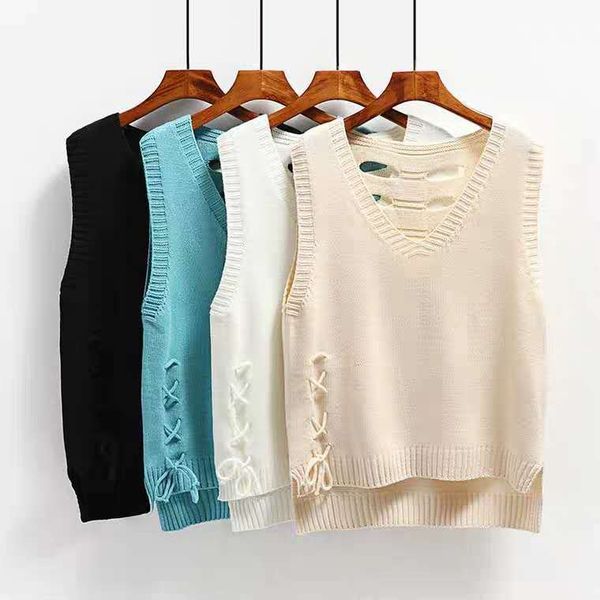 

2020 new spring bandage knitted women's vest korean loose female sweater vest v-neck waistcoat sleeveless casual jacket l161, Black;white