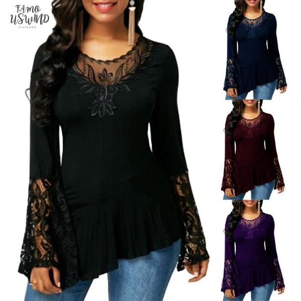 

casual women autumn o neck long sleeve lace stitching irregular hem long t shirt solid color tshirt women streetwear tee shirt summer, White