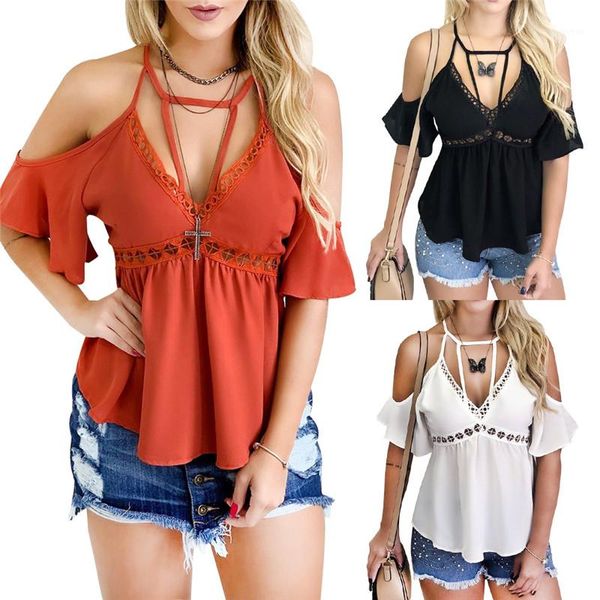 

natural color casual style ladies clothing summer womens designer blouses halter min hollow out, White