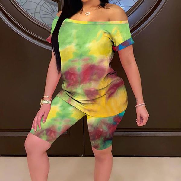 

gym clothing women's tie-dye printing tracksuit women sportwear strapless casual two-piece t-shirt tights shorts suit conjunto femenino, White;black