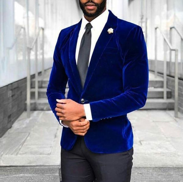 

royal blue velvet smoking jacket costume homme suit men wedding groom tuxedo man blazers 2 pieces slim fit terno masculino, White;black
