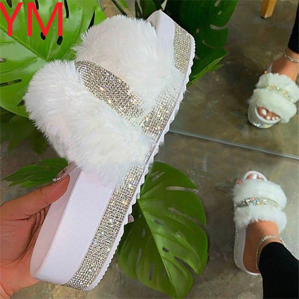 

2020 fur summer home flat fur slides for women big size 43 fluffy female shoes glitter indoor women' casual shoes women sandals, Black