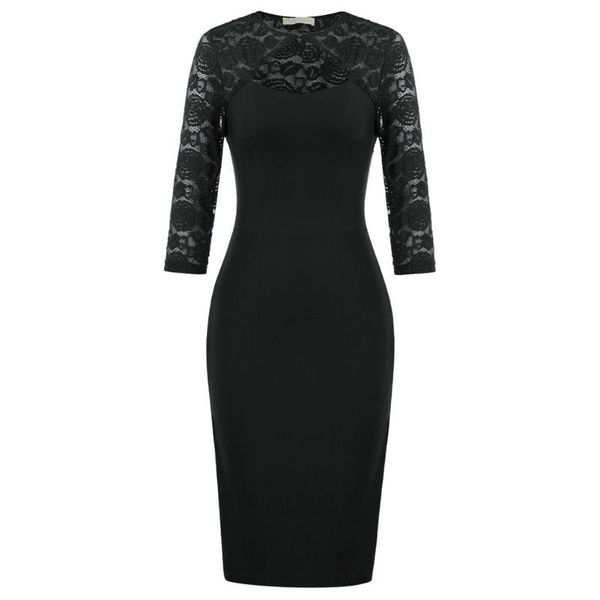 

women dresses elegant lace patchwork pencil dress hollowed-front 3/4 sleeve crew neck hips-wrapped fit going out dresses sexy, Black;gray