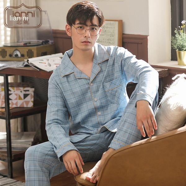 

autumn trousers home men's pajamas cotton long-sleeved trousers new cotton pajamas cardigan home suit plus size, Black;brown