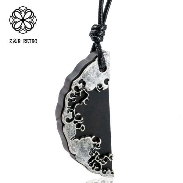 

wooden jewelry semi-round pendant&necklaces for women handmade sandalwood vintage long sweater chain fashion pendant necklace, Silver