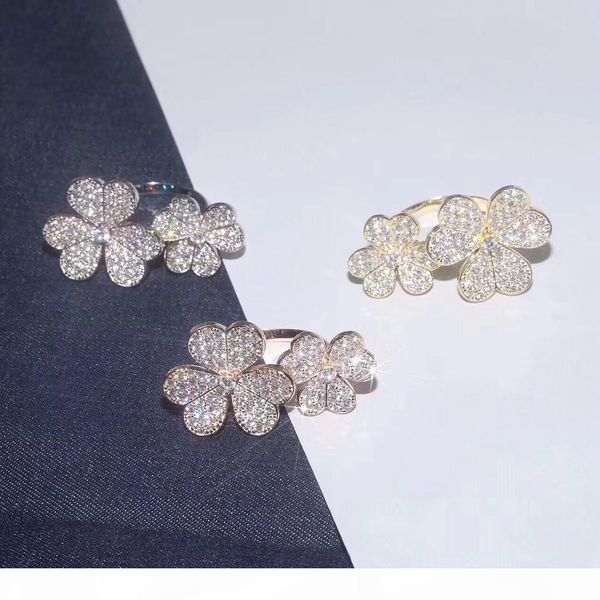 

d sljely 925 sterling silver full micro cubic zirconia 3 gold color three leaves flower open ring for women luxury jewelry