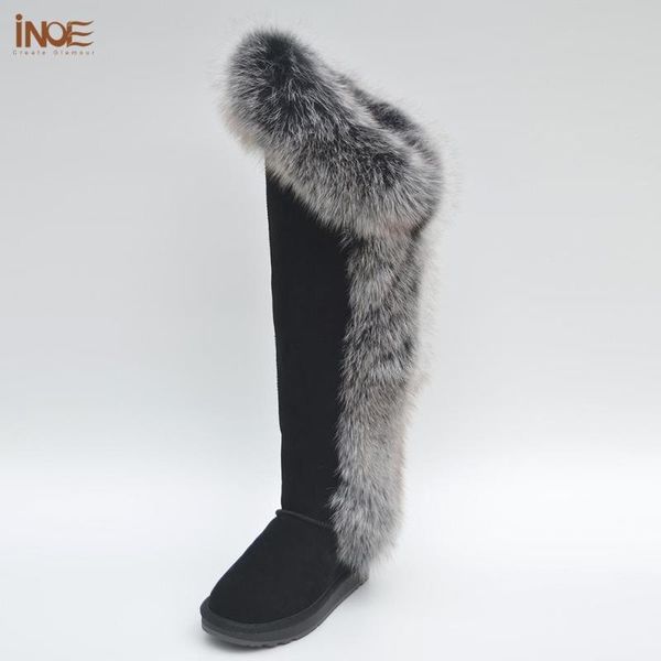 

inoe luxurious long arctic fur winter boots for women over the knee high snow boots shearling lined sheepskin suede leatehr, Black