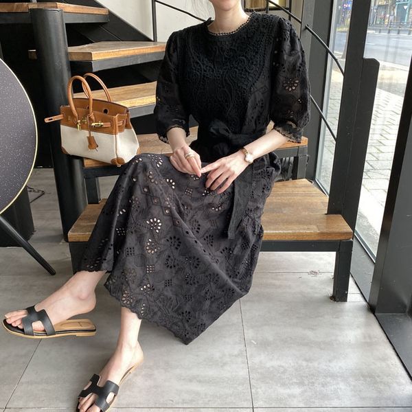 

платье skirtlace юбка шнурка skirtround шеи вязания крючком полое платье корейский стиль середине длины большой юбки, Black;gray
